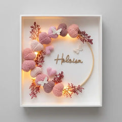 DIY Personalized Name Shadow Box Art Kit | Custom Crochet Heart & Preserved Floral Wreath for Nursery, Anniversary, or New Baby Gift