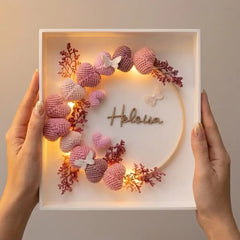 DIY Personalized Name Shadow Box Art Kit | Custom Crochet Heart & Preserved Floral Wreath for Nursery, Anniversary, or New Baby Gift